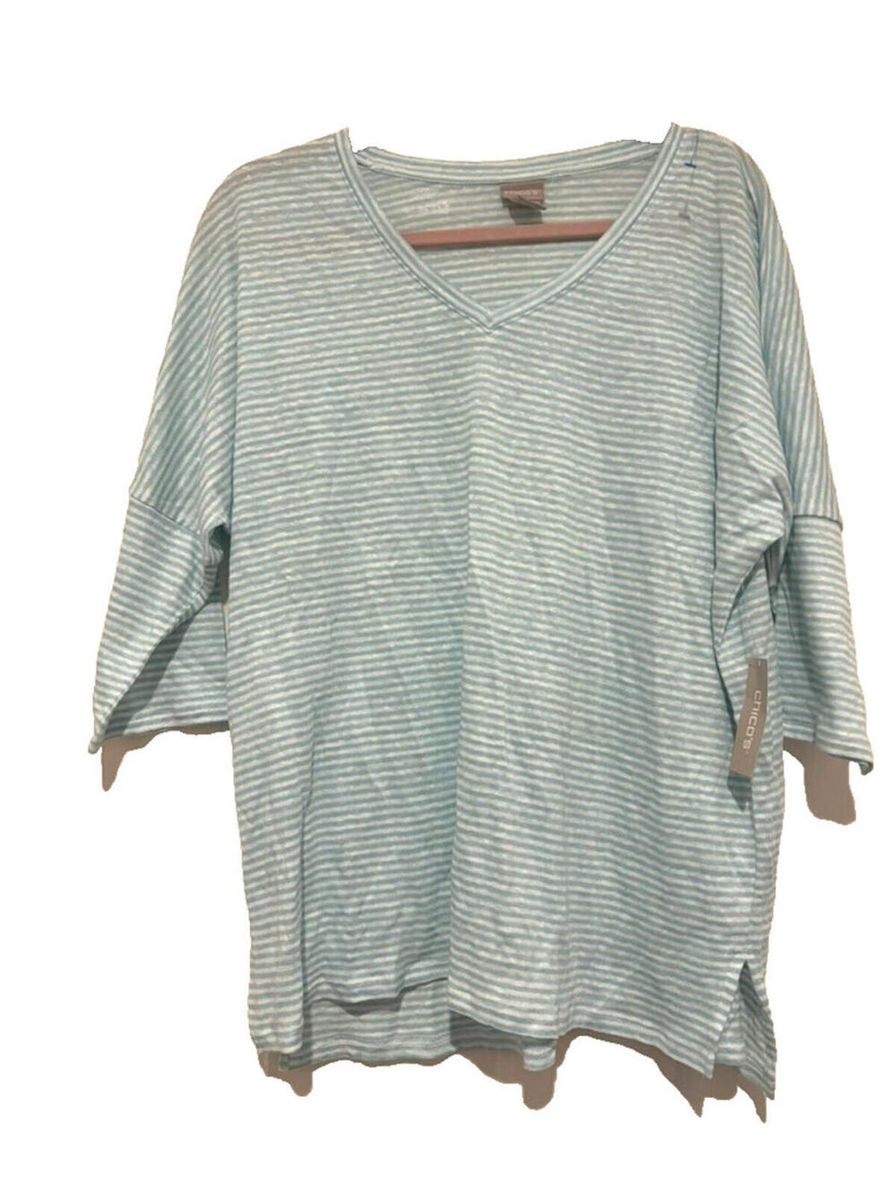 Chicos sz 2 (L) blue/white‎ stripe all linen short sleeve shirt new tags #3470